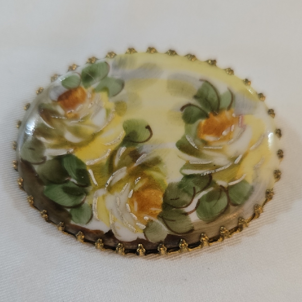 Vintage Porcelain Hand-painted or Transferware Floral Brooch